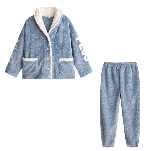 Varme Korallfløyel Pyjamas Dame Høst Vinter Pyjamas Sett Par Hjemmeklær Blue XL