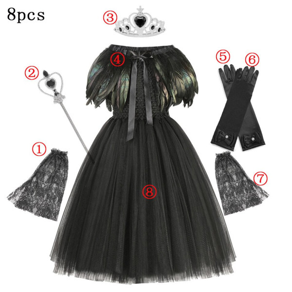 Disney Maleficent Devil Queen Tutu Cosplay-kostym Halloween Flickor Fancy Dress Feather Wings Royal Kids Utklädnad Outfits 8pcs Black witch C 6-7Y