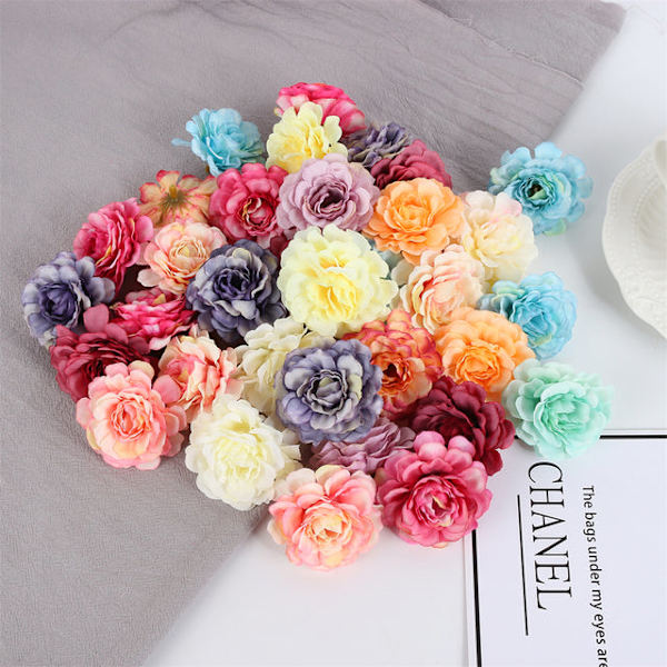 Kunstige Blomster 5CM Silke Rose Hoved Bryllup Sina Håndbuket Fest Hjem Have DIY Dekor Julegave Krans Scrapbooking Bean Paste Purple 10pcs