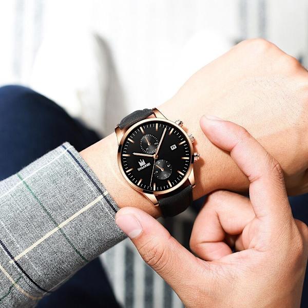 Elegant Affärs Herrklocka Enkla Falska Ögon Med Kalender Quartz Läderarmbandsur Herr Brown rose