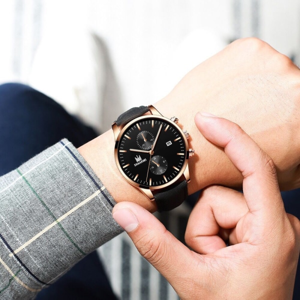 Elegant Business Herreklokke Enkle Falske Øyne Med Kalender Quartz Lærreims Klokke Herre Black