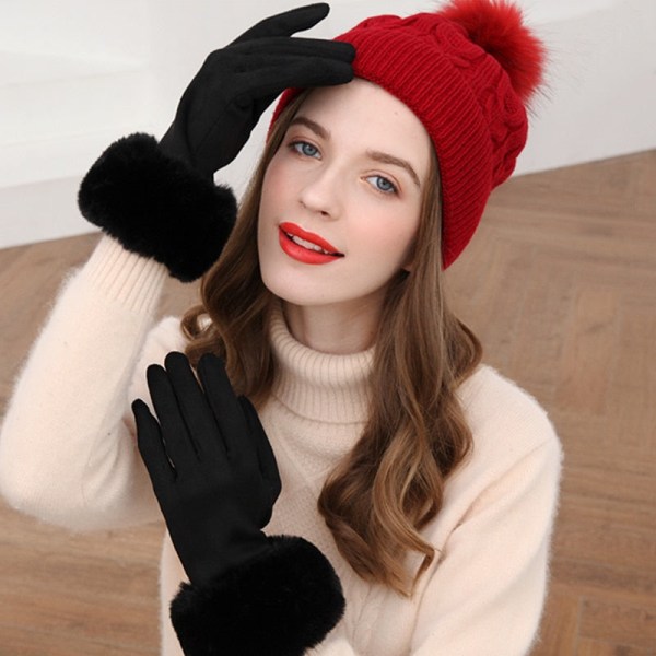 Fashionable dame vinter varme ruskind læder touch screen handske kvinde imiteret kaninpels broderi plus fløjl tykke kørehandsker H92 J23 Yellow One Size