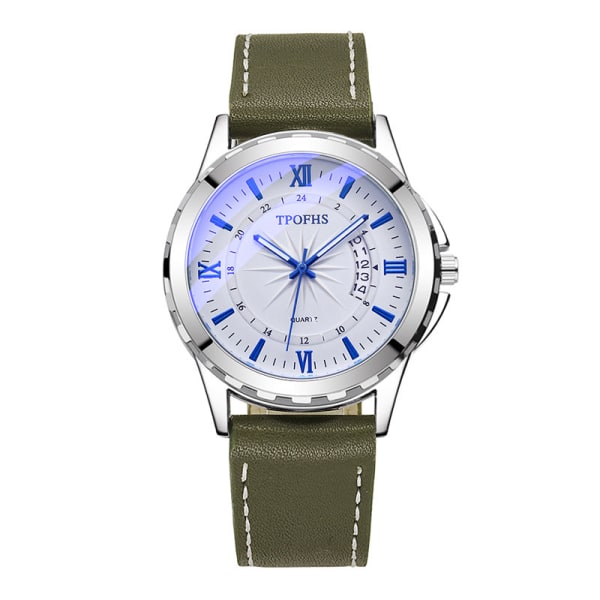 Herreklokke Enkel Kalender Stjernelysmønster Klokke Herre Business Stålreim Quartz Klokke White surface blue scale Green Belt