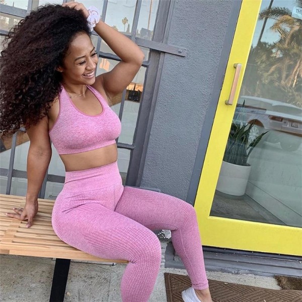 Yoga Set Dam Fitness Sportkläder Träningsdräkter GYM Kläder Löpartights Träningsbyxor 2pcs BraPink L