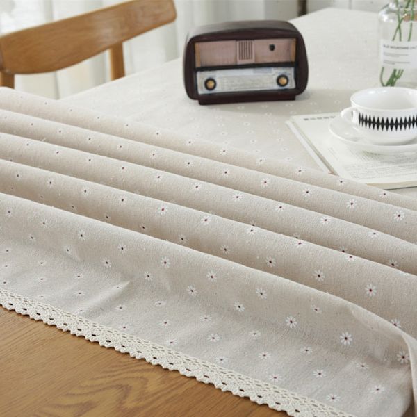 Bordsduk med prästkrageblommönster, linne och bomull, spetskant, rektangulär bordsduk för hem, hotell, textil White 140x200cm