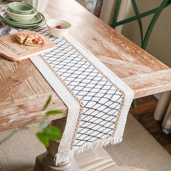 Bordløper i bomull og lin, stripet søm, to-farget vevd dusk, naturlig materiale, amerikansk duk Two hemp string 30*400 (including tassels)