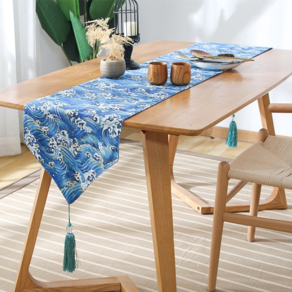 Japansk stil bomullslinne bordslöpare pläd tematta Zen linne retro japansk stil bordsduk Tallrik matta bordsduk ukiyo-e. Blue HAILANG. Table runner 33*160cm