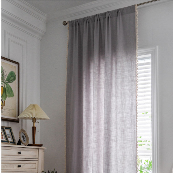 Enkelt bomulls- og linstoffgardin med stripete dusk til stuegardinstang Gray cotton tassel-curtain rod 150W * 200 high CM