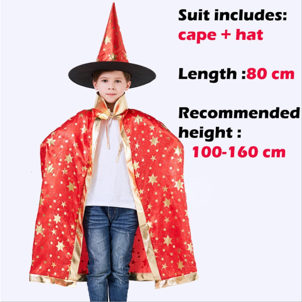 Halloween Cape Med Hatt Stjernemønster Gresskar Cape Cosplay Kostymer Halloween Kostyme For Barn Gutter Jenter Fest Bursdag 80 cm Red One Size