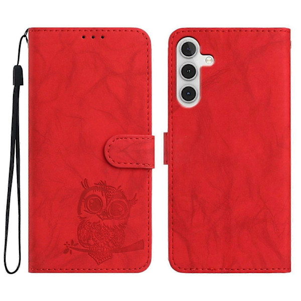 Fodral för Samsung Galaxy A16 4G 5G Uggla Präglat PU Läder Plånbok Telefonfodral med Handledsrem - Pur Red