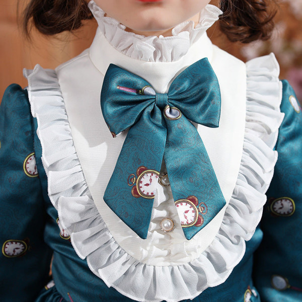 Lolita barns prinsessklänning Fashionabla fleecefodrade julklänning tecknad långärmad flickklänning Green [Velvet] gray headdress