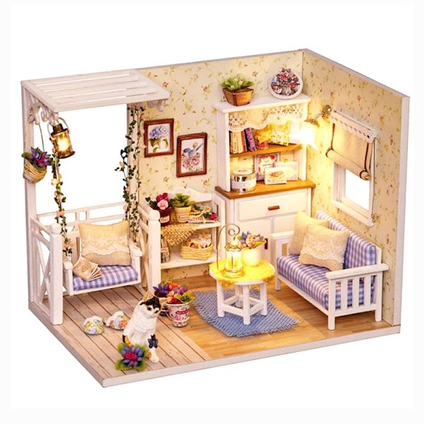Cutebee DIY Dukkehussett Med Møbler LED-Lys DIY Miniatyr Byggesett Lite Hus Treleker for Barn Voksen As  photo H13A