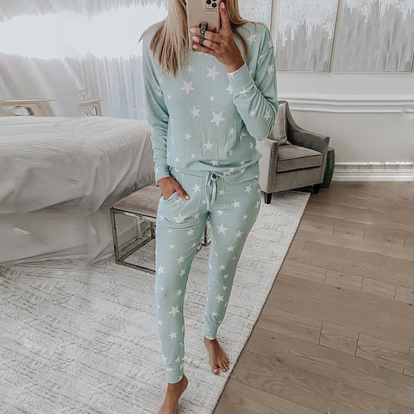Fashion Stjärnmönster Långärmad Topp Byxor Dam Hem Sovkläder Pyjamas Set White XL