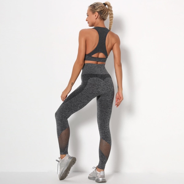 Europæisk og amerikansk sømløs strikket højtaljet hofteløft sexet udskåret yoga tøj bh sæt sports løbe fitness bukser 9180 bra and trousers set-Black S
