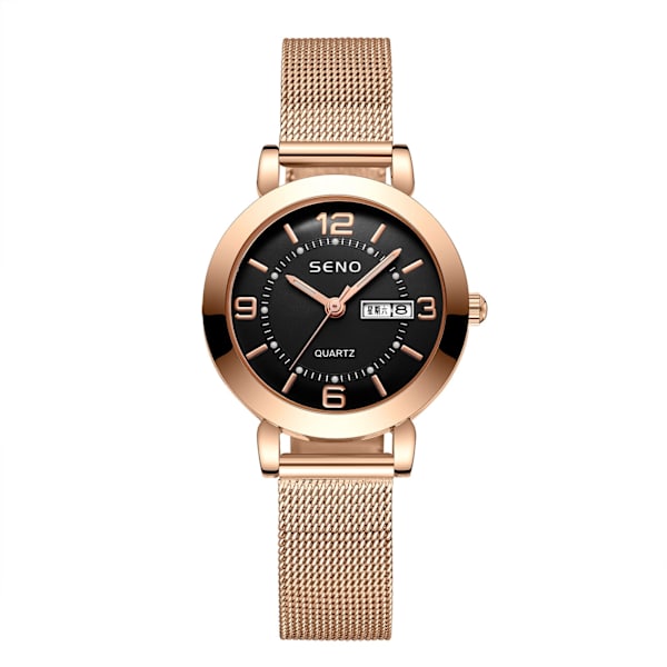 Quartz Ur Ikke-Mekanisk Dameur Lysende Vandtæt Dobbelt Kalender Kvinde Studerende Stålrem Ur Rose gold black surface
