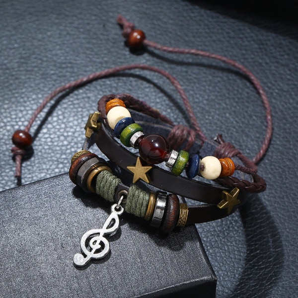 Pärlförsett Äkta Läder Retro Armband Legering Not Nötskinn Armband Brown