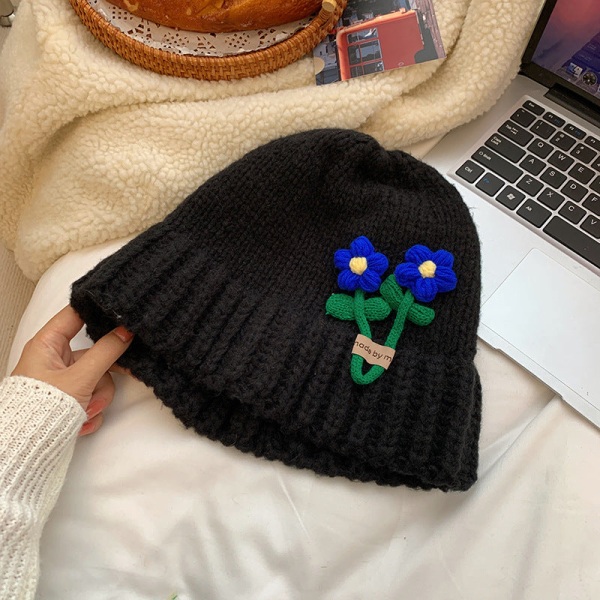 Söta Blommor Ullmössa Dam Höst och Vinter Koreansk Stil Litet Ansikte Stickad Hatt Japansk Stil Stor Huvudomkrets Varm Allmatchande Hatt Black M(56-58cm)