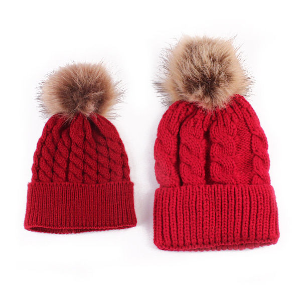 Kreativ Ny Efterår og Vinter Vild Pelskugle Varm Mor Baby Forældre-Barn Strikket Hue Khaki Adjustable
