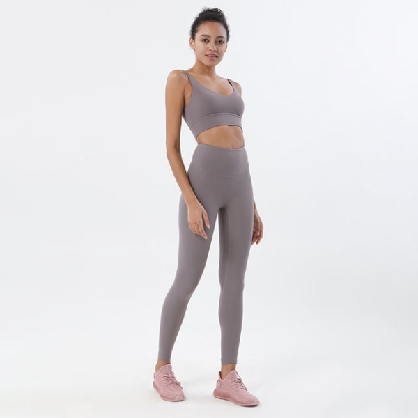Yoga Set Sports Suit Kvinnor Lounge Wear Crop Toppar och Leggings Pink Purple L