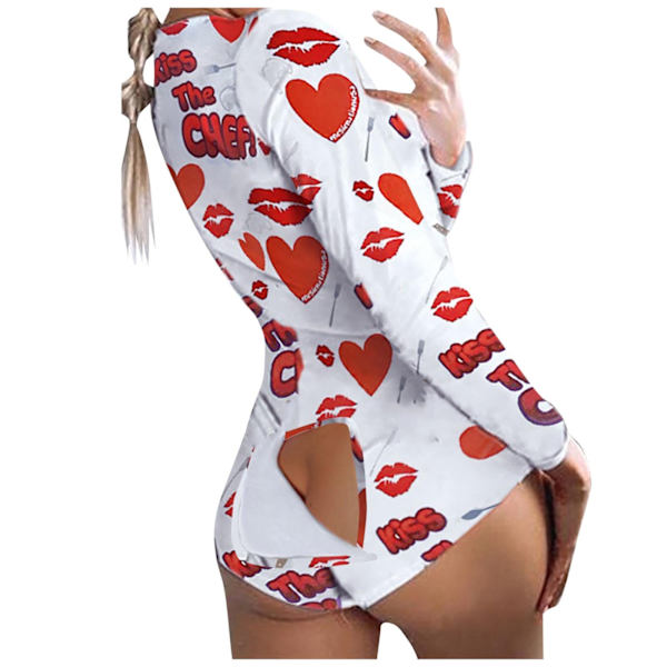 Munn Läppar Tryck Dam Onesie Pyjamas Funktionell Knäppt Baklucka Romper Nattkläder Sexig Bodycon Onesies Combinaison Femme Red M