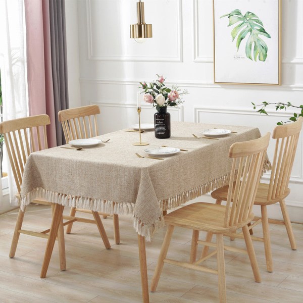 Ensfarvet dug med kvaster, rektangulær kaffebordsdug, husholdningsduge i bomuld og linned, bordløbere Beige 135X 135cm (680g)