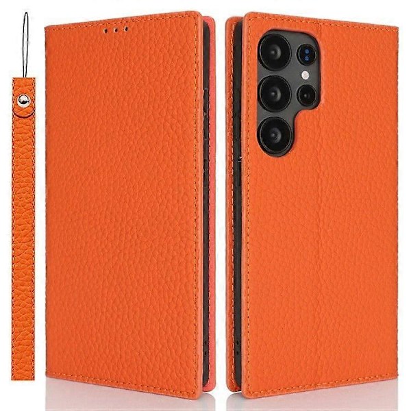 Plånboksfodral i äkta koläder med Litchi-textur för Samsung Galaxy S25 Ultra Orange