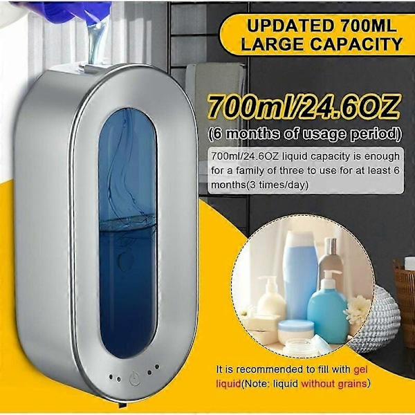 Automatisk Tvåldispenser 700ML med Sensor Beröringsfri Väggmonterad Tvåldispenser Desinfektionsmedel Silver