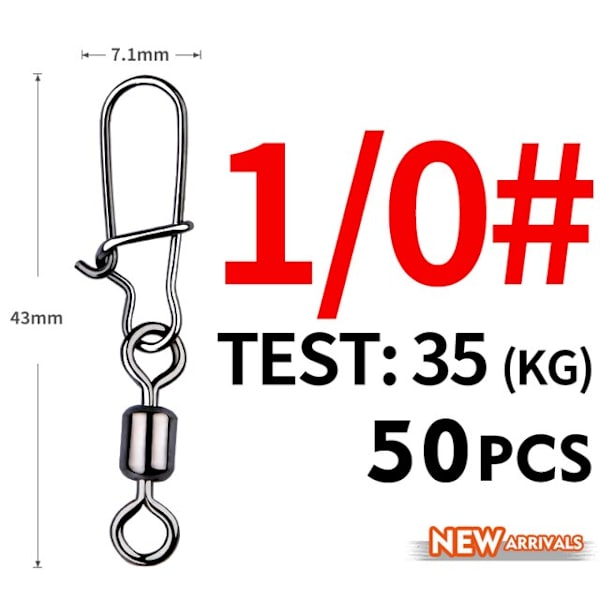Fishhook 50 stk. Gjeddefiske Tilbehør Koblingsstift Lager Rullende Svivel Rustfritt Stål Snap Fiskekrok Lokkesvivler Utstyr Size1 41mm 30kg
