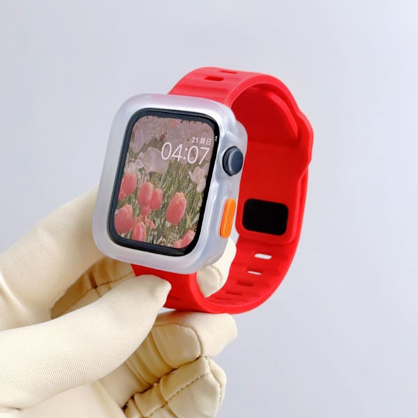 Kellon ranneke Apple Watch iWatch 44/45mm punainen vyö + läpinäkyvä kuori