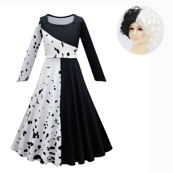 Film Cruella De Vil Cosplay Kostymer Barnklänning Svart Vit Maid Dress Halloween festklänning med kappa peruk 805893-piece set 01 130