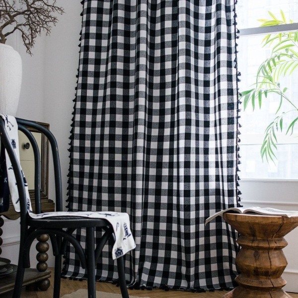 Gardin Halvmørkleggende Bomull Lin Garnfarget Svart Hvit Rutete Dusk Amerikansk Gardin for Soverom Karnappvindu Ferdig Gardin KC70 W150xL240cm