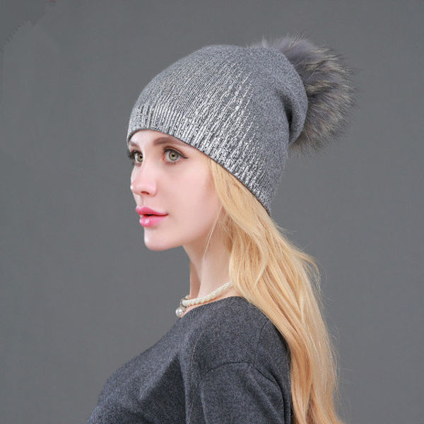 Vinter Varm Ull Strikket Lue Dame Bronse Sølv Jentelue Vaskebjørn Ball Pels Ullue Blue Silver natural color ball