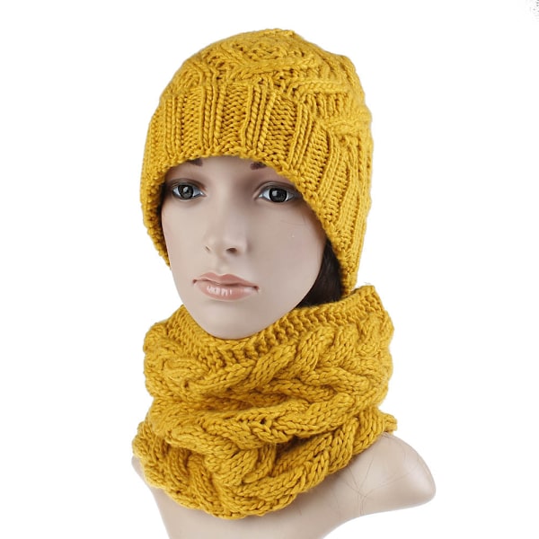 Strikket hue og halstørklæde sæt til kvinder, to-delt, efterår og vinter, ny moderne uldhue Ginger yellow