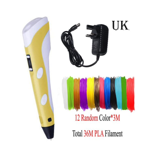 Dikale 3D Penn LED Skjerm DIY 3D Utskrift Penn PLA Filament Kreativ Leke Gave Til Barn Design Tegning 3D Skriver Penn Tegne Stift PLA Filament Yellow UK 3Mx12