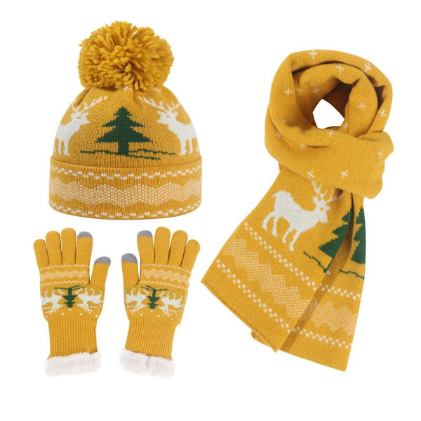 Dame Jule Strikket Lue Hansker Skjerf Tredelt Fortykket Ullue Three-piece set-yellow