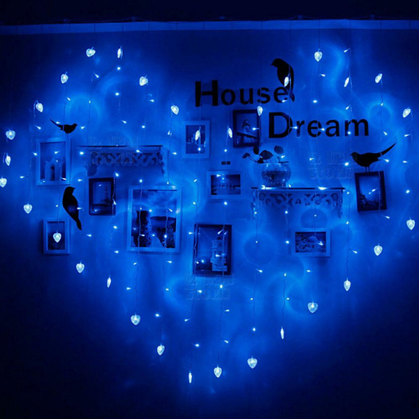 128 LED Ljusslinga Islykta Gardin Kärlek Hjärta Form Heminredning Blue