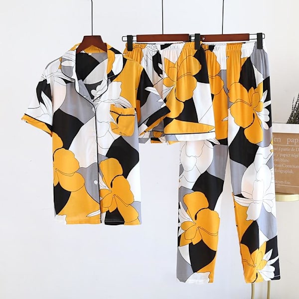 2023 Nya Dam Pyjamas för Vår och Sommar 100% Viskos Tredelad Kortärmad + Shorts + Byxor Mjuka och Bekväma Hemkläder Orange M