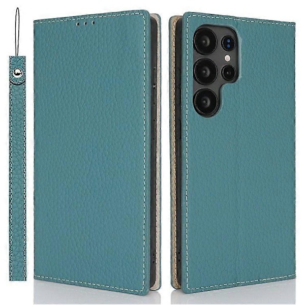 Plånboksfodral i äkta koläder med Litchi-textur för Samsung Galaxy S25 Ultra Baby Blue
