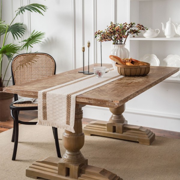 Bordslöpare i bomull och linne med sömmar, tvåfärgad vävd tofs, naturmaterial, amerikansk lantlig semesterduk Three hemp string 30*240 (including tassels)