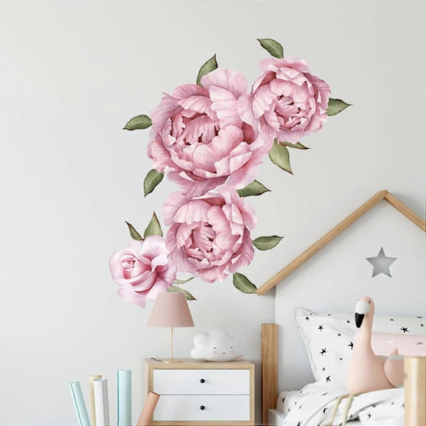 Rosa Blommor Väggdekaler Akvarell Pion Ros Väggdekaler för Sovrum, Delikata Pioner Blommiga Väggaffischer Vinyl Skala och Fäst Blomkonst Muraler