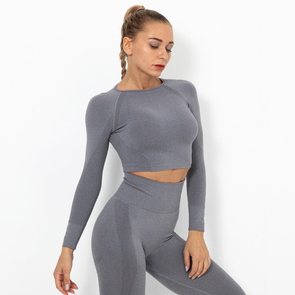 Eurooppalainen ja amerikkalainen saumaton neulottu seksikäs yksivärinen pitkähihainen toppi joogavaatteet naisten urheilu juoksu kunto hengittävä T-paita 9165 long sleeve-light gray L