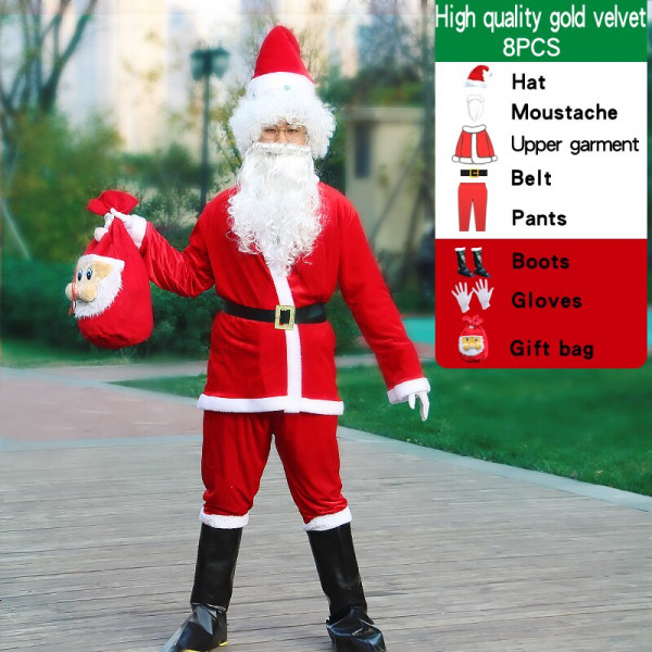 Julemandskostume mænd hat bælte skæg gavepose cosplay sød sjov polyester materiale ny stil Hvid og rød 8PCS-B 5XL