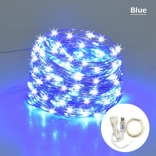 Jule LED-lys 10M Lyslenke USB Nyttår Bryllupsfest Høytids Festong Utendørs Gate Garland Rom Belysning Dekorasjoner Blue
