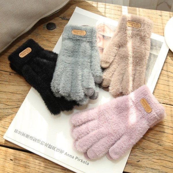 Stickade handskar Vinter Varma Tjocka Pekskärmshandskar Päls Handskar Enfärgade Vantar för Mobiltelefon Surfplatta Dam Cashmere Ullhandske Black one size