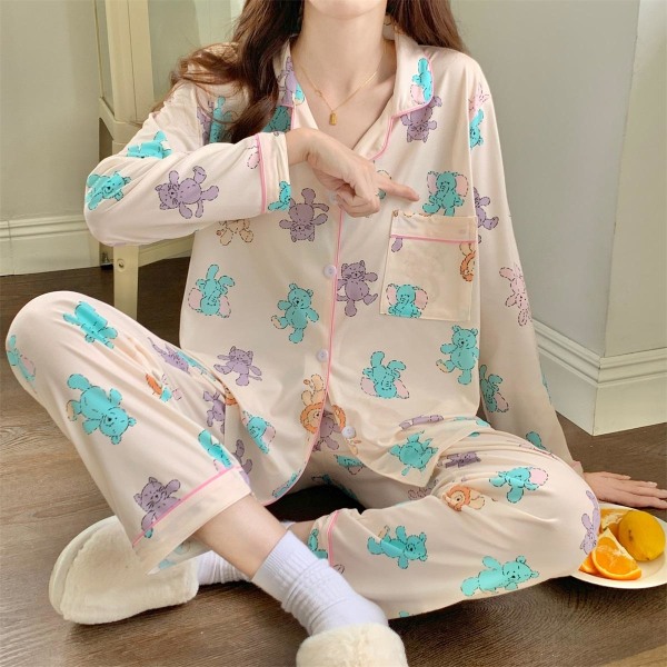 INS Stil Tecknad Söt Björn Dam Pyjamas Långärmad Söta Lediga Långärmade Byxor Loungewear Black M