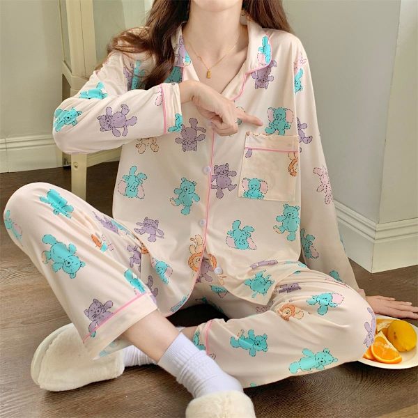 INS-tyyliset sarjakuvamaiset söpöt karhu naisten pyjamat pitkähihaiset makeat rennot pitkähihaiset housut oloasut Black 2XL