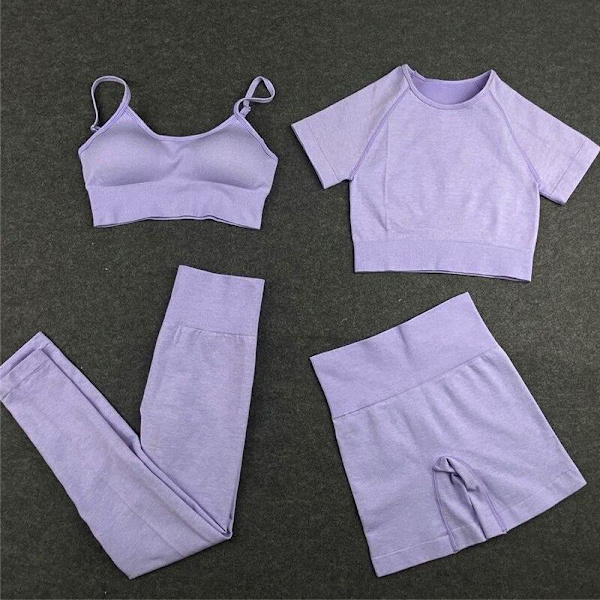 Yoga Sett Leggings+Kort Ermet Crop Top+Sports-BH+Sportsshorts Treningsklær For Kvinner Orange M