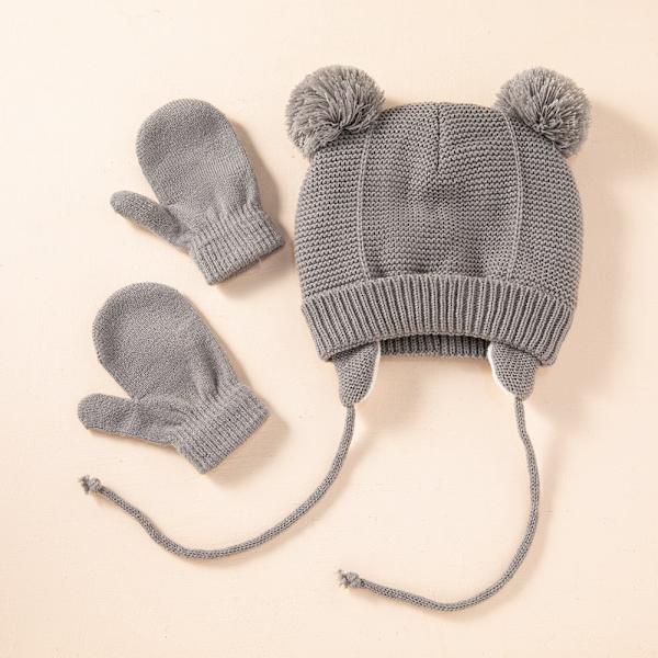 Sød Strikket Pompom Babyhue Handsker Kasket Tyk Varm Pige/Dreng Hue Handsker Beanie Vinter Ørevarm Børnehue Baby Bonnet Muts WhiteGlovesHat