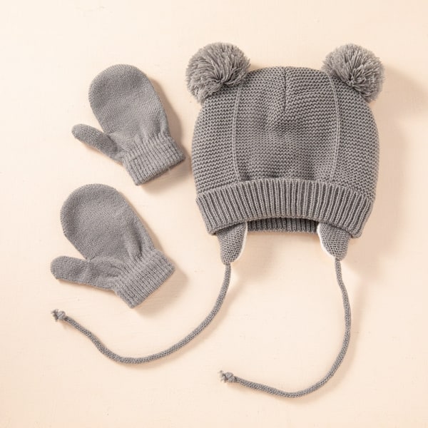 Söpö Neulottu Tupsu Vauvan Hattu Käsineet Lippis Paksu Lämmin Tyttö/Poika Hattu Käsineet Pipopipo Talvi Korvalämmin Lasten Hattu Vauvan Myssy Muts GrayGloves