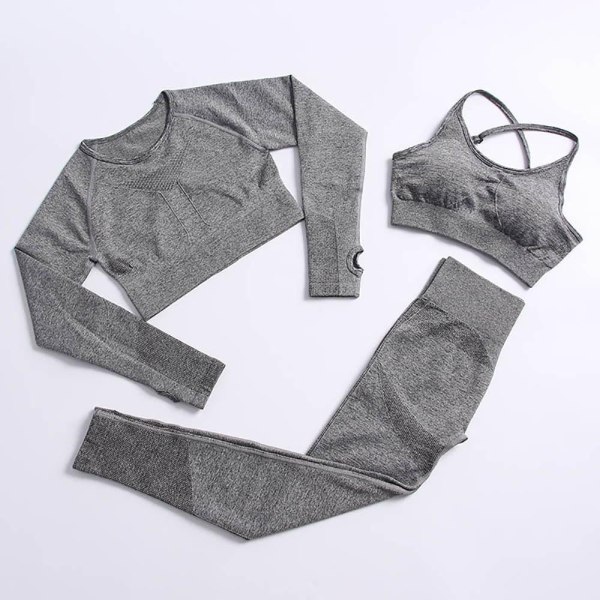 Set Gym Kläder Träningsoverall Byxor med hög midja Sport BH:ar för kvinnor 3Pcs Set-Gray M
